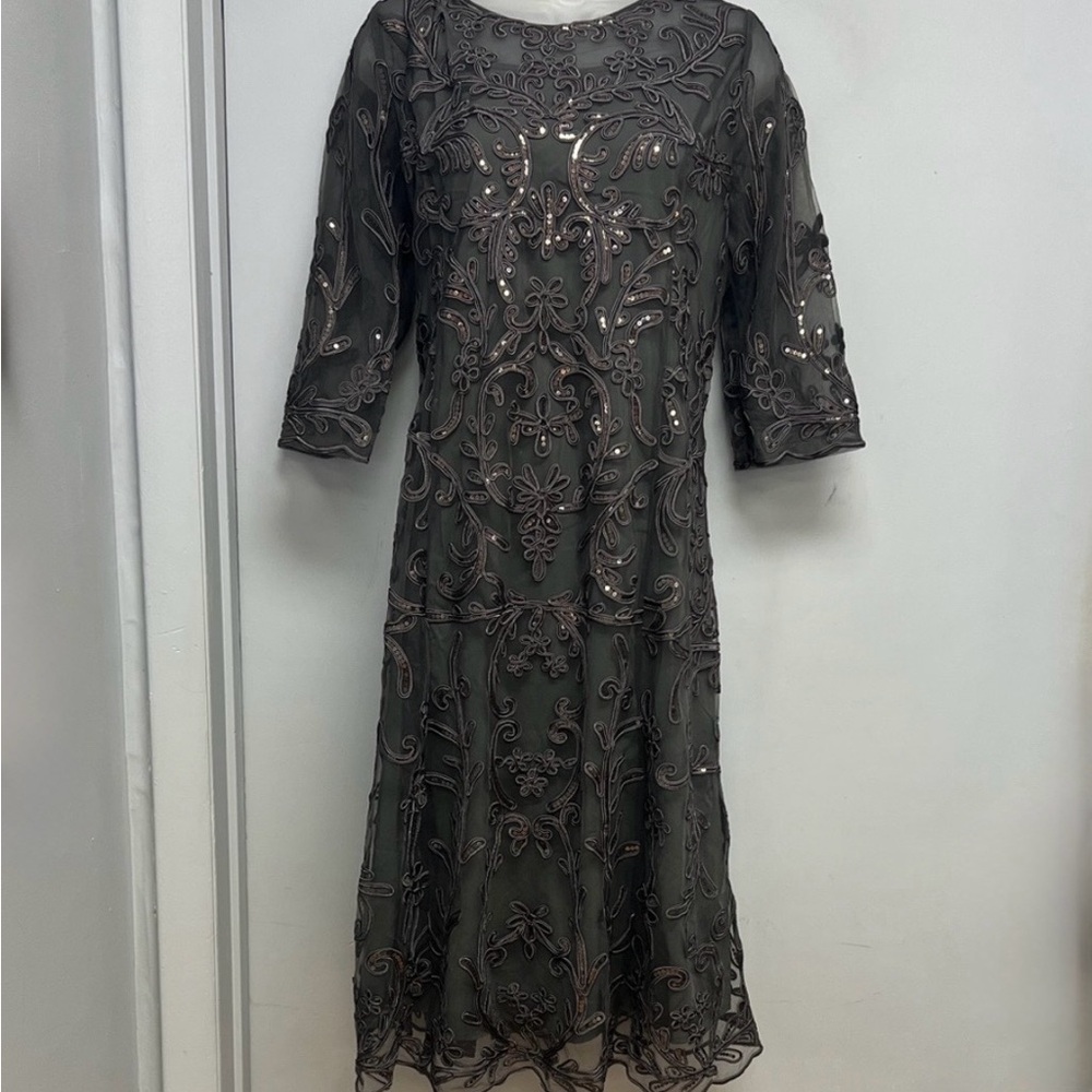 Embellished Sheer Mesh Evening Dress – Charcoal Gray (Size 5)